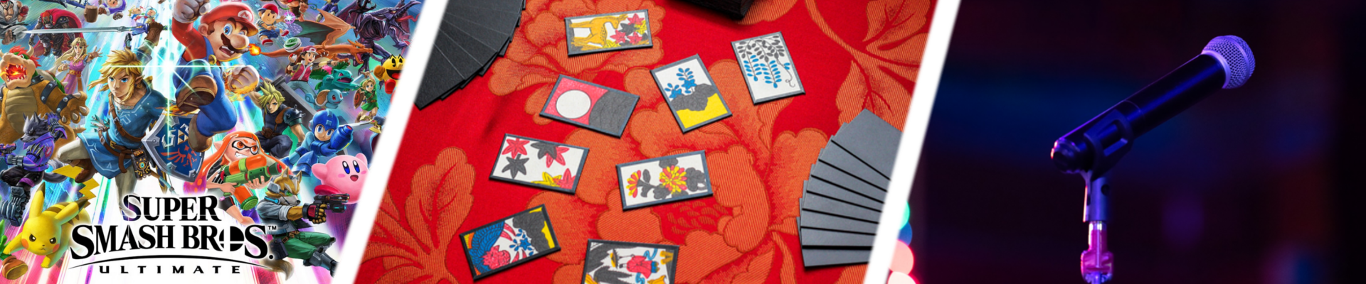 Illustration des activités de l'association telles que Super Smash Bross, le Hanafuda, ou encore le Karaoké